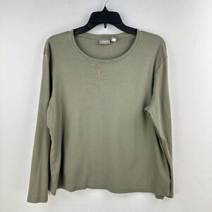Chico's Top Womens Size 3 Green Long Sleeve‎ Tee Round Neck 100% Cotton Pullover